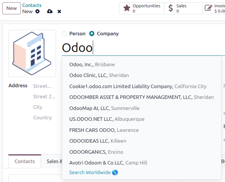Een nieuw contact aanmaken in Odoo waarbij de functie Automatisch invullen van partners mogelijke bedrijven suggereert.