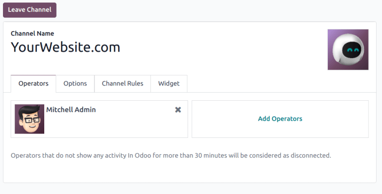 Weergave van een livechatkanaalformulier voor Odoo Live Chat.