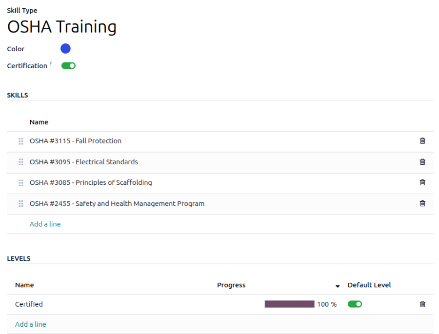 Het vaardigheidstypeformulier geconfigureerd voor verschillende OSHA-trainingscursussen.
