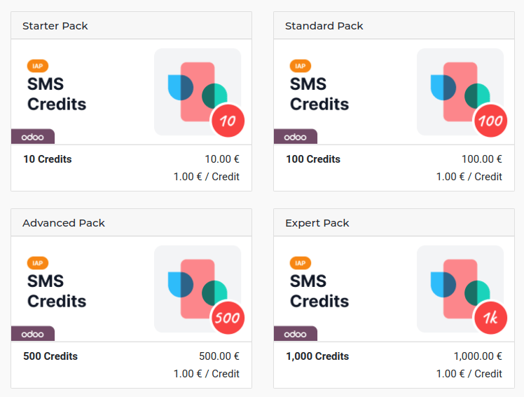 Vier verschillende pakketten met credits voor de sms IAP-dienst.