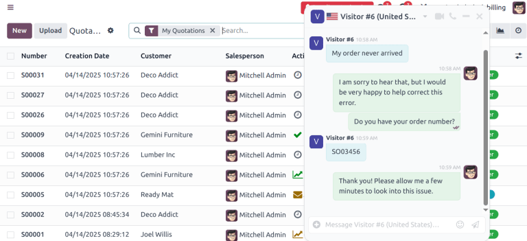 Een livechat-pop-upvenster in een Odoo-database.