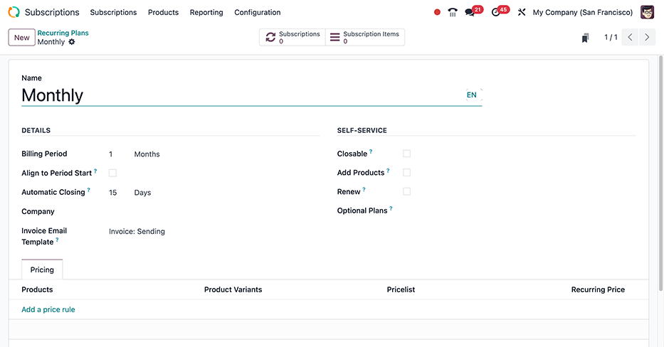 Een leeg formulier voor een terugkerend plan in de Odoo Abonnementen-applicatie.