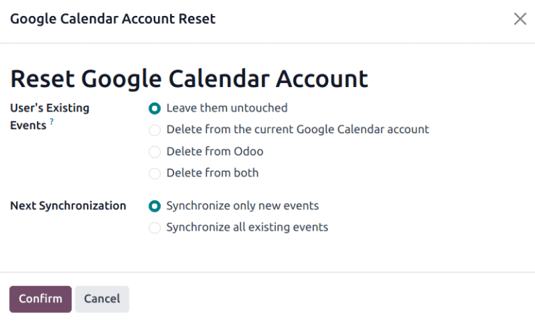 Google agenda reset opties in Odoo.