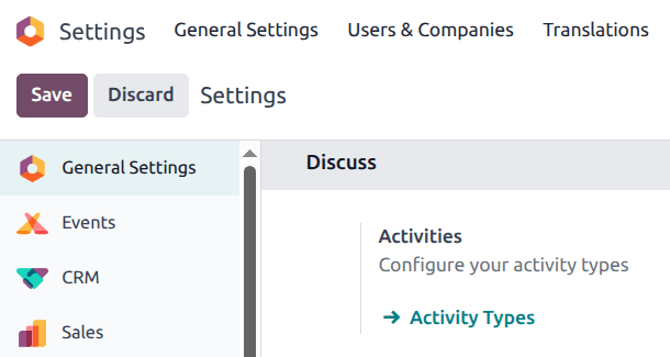 Knop 'Activiteitstypes' in de applicatie 'Instellingen' in de sectie 'Chat'.