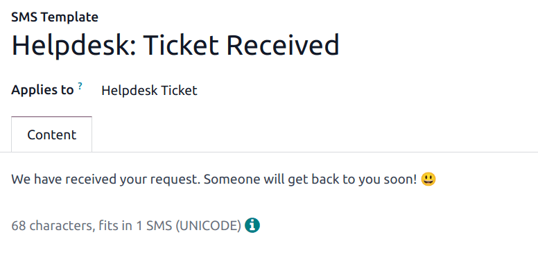 Weergave van de configuratiepagina van een sms-sjabloon in Odoo Helpdesk.