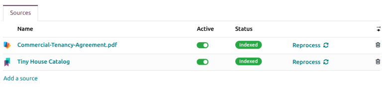 AI agent sources with the reprocess icon visible.