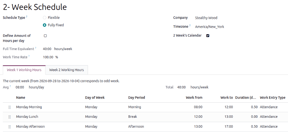 A working schedule set to a two week schedule.