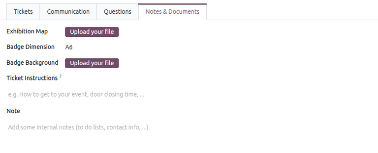 Fila de note tipice pe un formular de eveniment din aplicația Odoo Events.