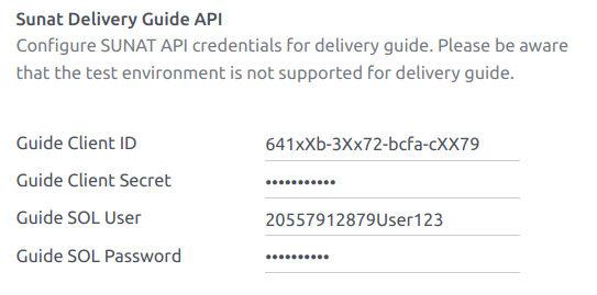 Exempel på konfiguration av API-avsnitt i SUNAT Delivery Guide.