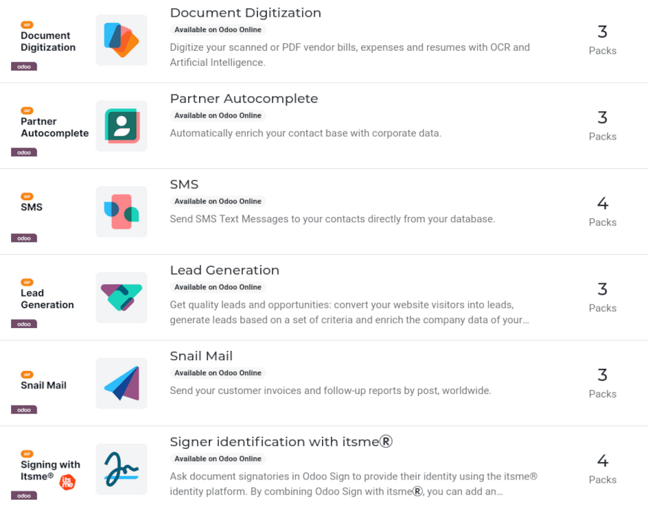 แคตตาล็อก IAP พร้อมบริการต่างๆ ที่มีใน IAP.Odoo.com