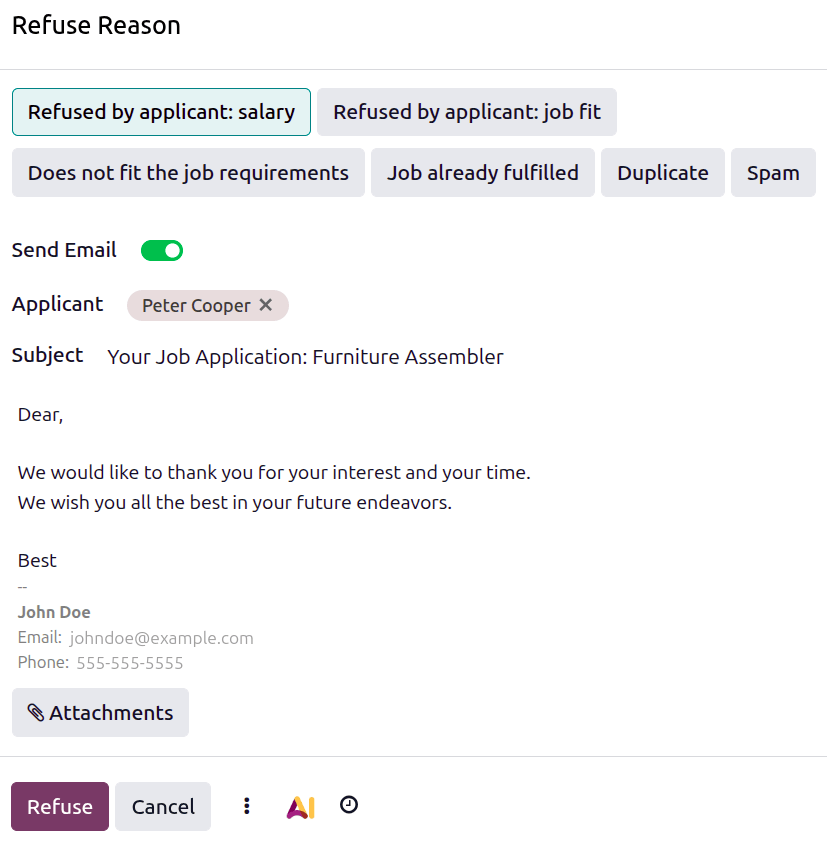 The refuse reason pop-up window, with the email subject and body populated.