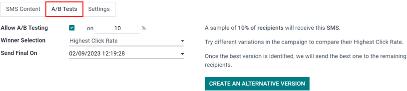 The A/B Test tab is located on an Odoo SMS Marketing app campaign form.