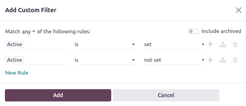 The Add Custom Filter menu showing two rules: (1) Active is set, and (2) Active is not set.