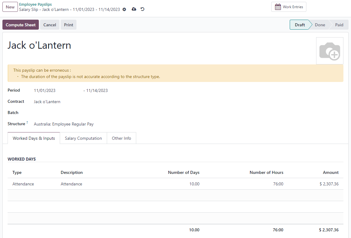 Termination payment worked days computation in Odoo.