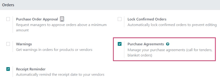 Purchase Agreements enabled in the Purchase app settings.