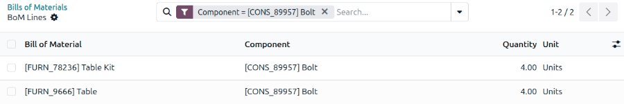 The BoM lines matching the Bolt component display.
