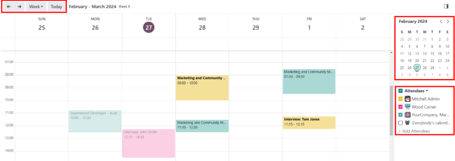 The calendar view, highlighting how to change the displayed meetings.
