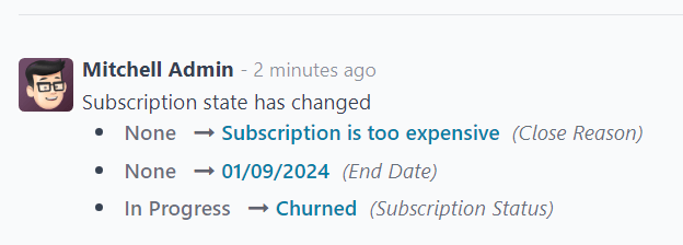 The chatter of a churned sales order for a closed subscription in Odoo Subscriptions.
