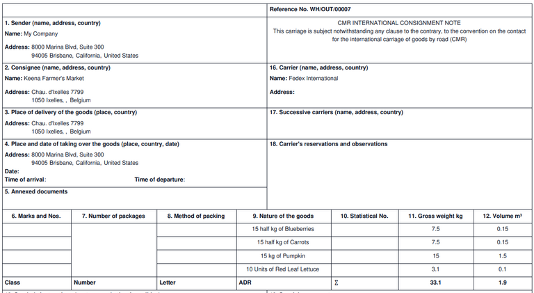 A CMR note for a shipment of produce, going to Belgium.