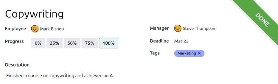 A goal form marked as complete.