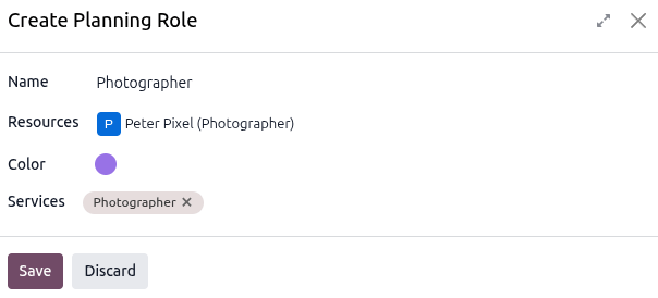 Sample of the Create Planning Role window for a service product in the Rental app.