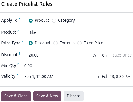 Sample of the Create Pricelist Rules window in the Odoo Rental application.