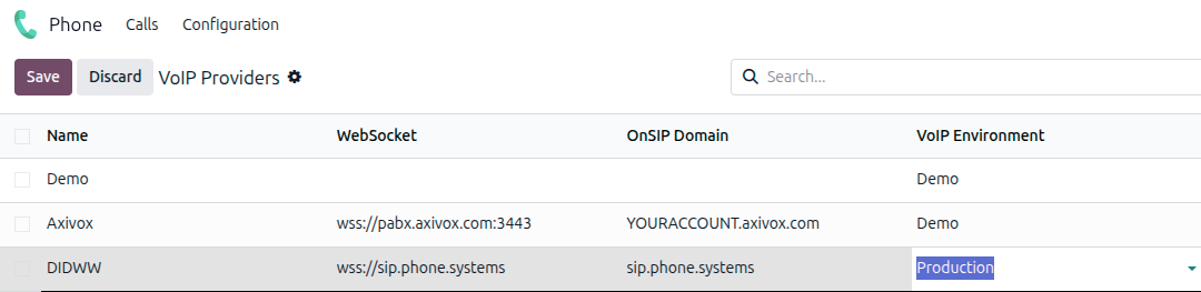 DIDWW configuration settings in the *Odoo Phone* app.
