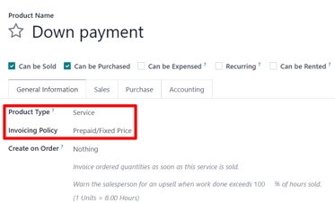 Down payment product form with service product type and invoicing policy field.