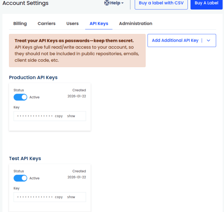 Create API keys on the EasyPost API Keys page.
