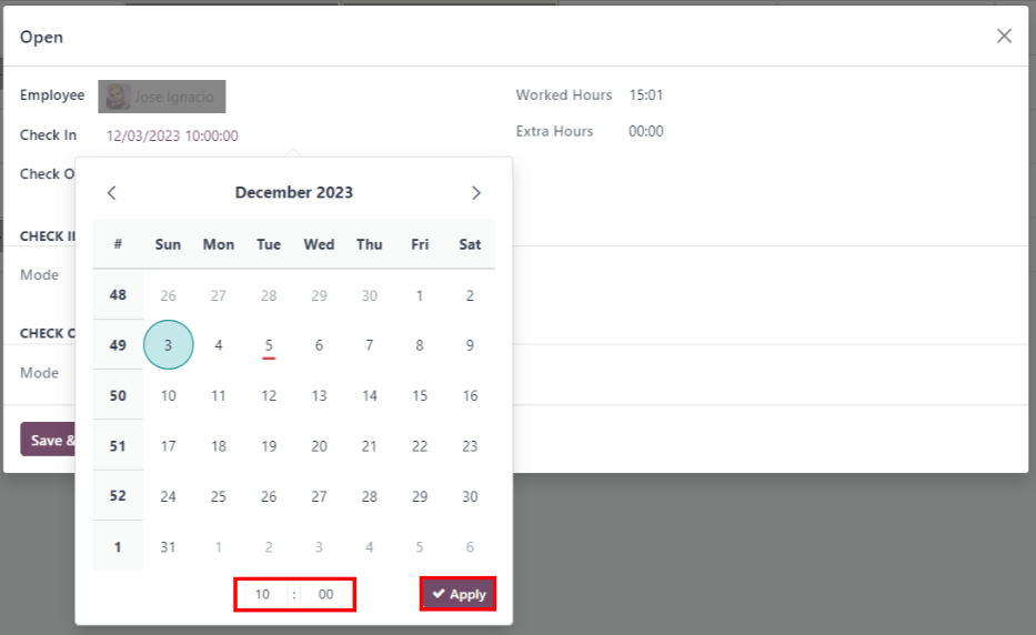 The pop-up that allows for modifications to an attendance entry with an error. The calendar selector is shown, and the time selector is highlighted.