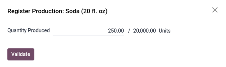 Enter 250 as the Quantity Produced and click Validate in the Register Production window.
