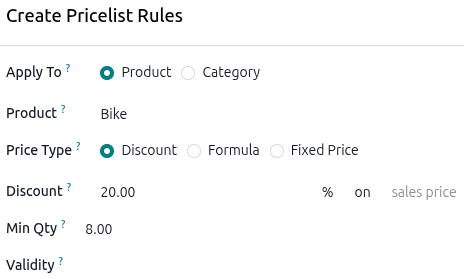 Sample of a rental product with the custom rental pricelist applied.