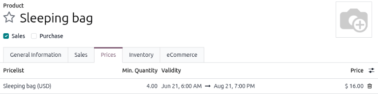 Sleeping bag pricelist for four nights.