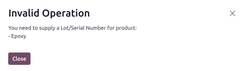 User error popup when validating an order with no lot number.