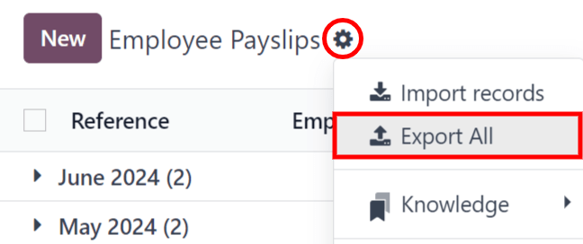 Click on the Export All smart button to export all payslips to an Excel payslip.