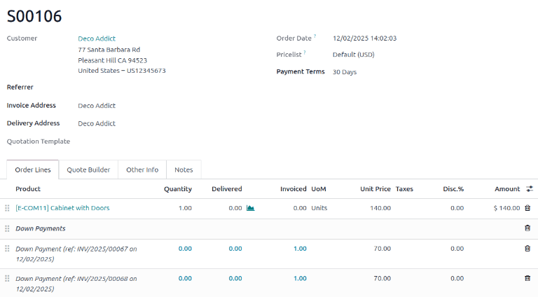 The second down payment invoice with Paid banner in Odoo Sales.