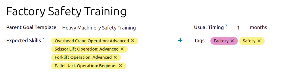 The top half of the goals form, populated for a factory safety training goal.