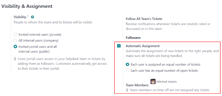 View of a Helpdesk team settings page emphasizing the automatic assignment features in Odoo Helpdesk.