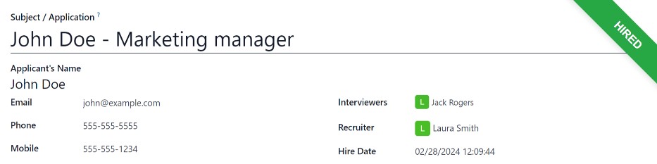 Hired banner in the top right corner of applicant card.