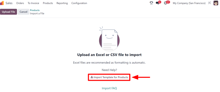 The Import records option selectable from the gear icon on the Products page in Odoo Sales.