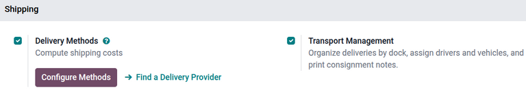 Set delivery and transport settings in the Inventory configuration.
