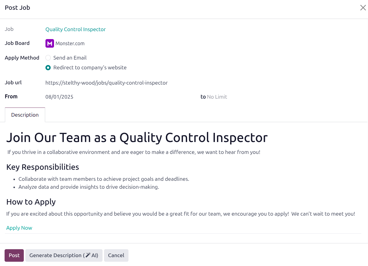 A job board listing form filled out.