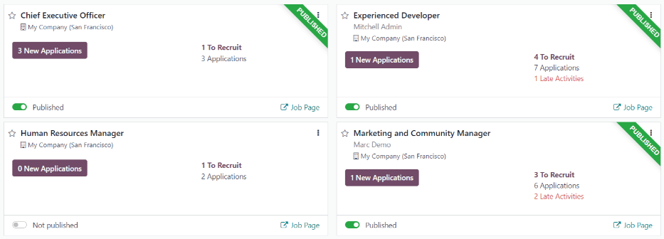 Main dashboard view of Recruitment app showing all job positions.