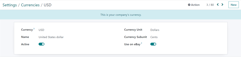 How a main currency detail form looks in Odoo Accounting.