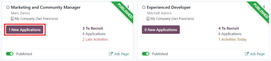Main dashboard view of job position card, showing new applications button.