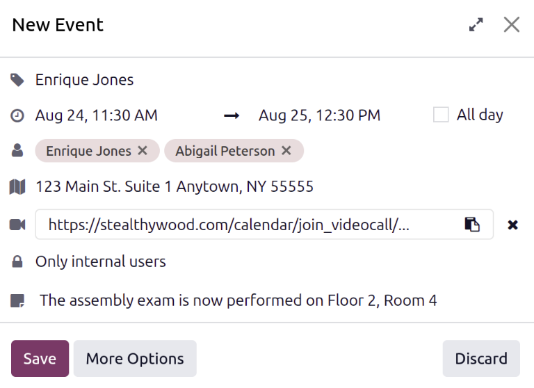 The New Event pop-up window configured for an interview.