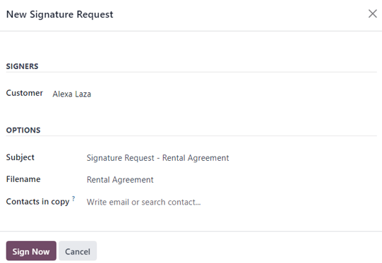 The New Signature Request pop-up window that appears in the Odoo Rental application.