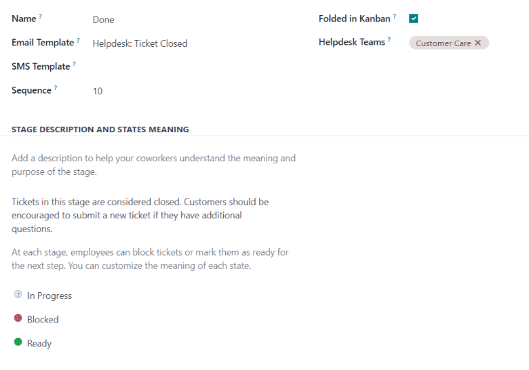 View of a stage's settings page in Odoo Helpdesk.