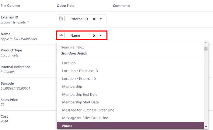 The Odoo Field drop-down menu next to a Field Column that needs to be manually adjusted.