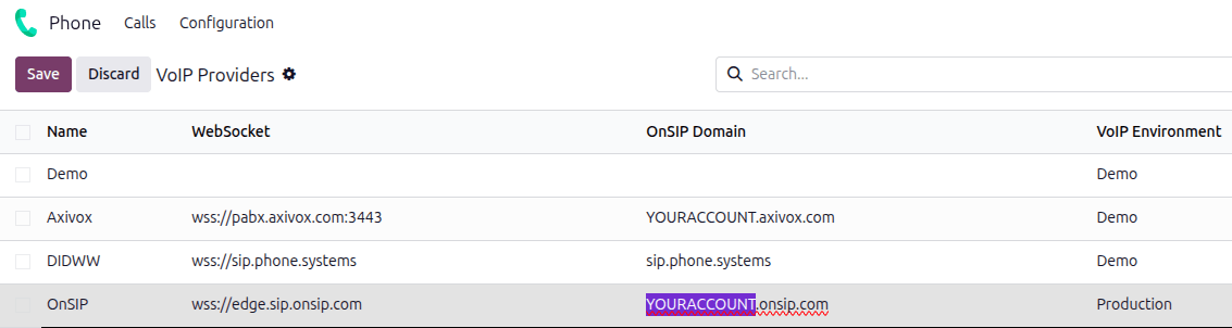 OnSIP configuration settings in the *Odoo Phone* app.